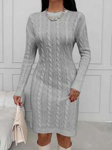 EURMUSE Women's Casual Knitted Dress With Cable Cable Pattern, Long Sleeve, Round Neck, Autumn,Winter Dresses - Light Grey - View 5