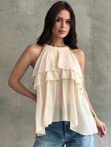 Firerie Lös, volangrik asymmetrisk chiffongbody med halterneck för kvinnor - Aprikos - Visa 5