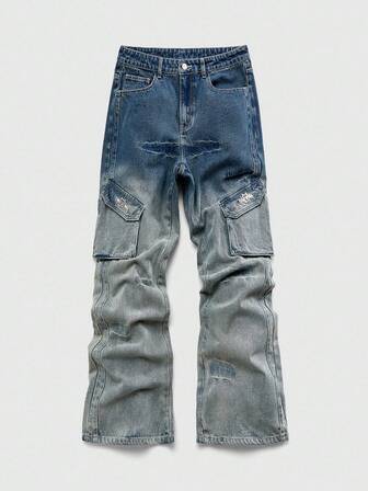 Street Life Pantalones vaqueros casuales holgados de pierna ancha con bolsillos cargo y pliegues para hombres