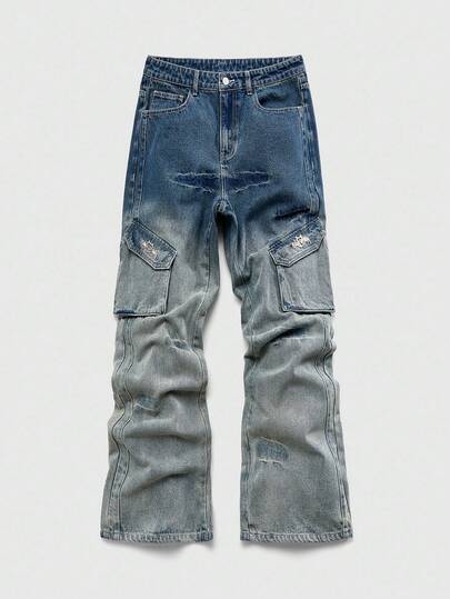 Street Life Pantalones vaqueros casuales holgados de pierna ancha con bolsillos cargo y pliegues para hombres