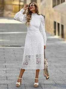 SHEIN Clasi Vestido de encaje elegante y romántico con mangas abullonadas hasta la pantorrilla, vestido de San Valentín, ropa de otoño para mujeres, vestidos de otoño para mujeres, ropa de otoño para mujeres, vestidos de otoño para mujeres, vestido de invitada de boda elegante, vestidos elegantes para mujeres, vestido de invitada de boda elegante, ropa de otoño para mujeres, vestidos elegantes para mujeres, vestidos blancos elegantes, atuendos elegantes y clásicos para mujeres, vestidos de otoño para mujeres, vestido de invitada de boda de otoño - Blanco - Ver 4