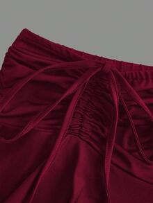 Sweetra Plus Size Elastic Waist Front Drawstring Asymmetrical Hem Skirt Pants - Burgundy - View 5