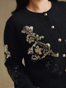 Anewsta Áo khoác len cardigan họa tiết hoa đính đá thêu, thích hợp cho mùa thu, mùa đông, đi chơi, thanh lịch, trang trọng, tiệc tùng, sang trọng, năm mới, giáng sinh, công sở, tốt nghiệp, đám cưới - màu đen - Xem 4