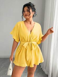 Elenzga Plus Size Women Woven Solid V-Neck Ruffle Sleeve Tie Waist Wide Leg Jumpsuit, Casual Holiday - Pale Yellow - View 5