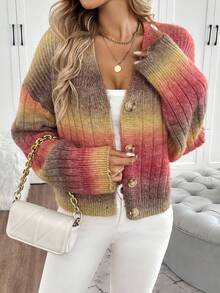 EMERY ROSE Gradient Dropped Shoulder Ribbed Knit Casual Cardigan, Blended Mohair Yarn Fall Winter Cloth For Women, Christmas