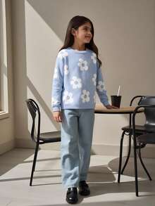 SHEIN Tween Girl Floral Pattern Knitted Sweater, Autumn/Winter - Blue - View 5