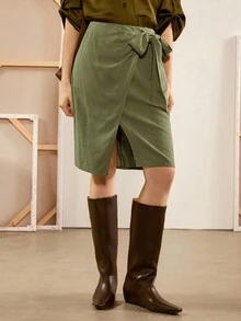 Chiquease Falda de cintura alta con nudo y abertura en el bajo, estilo bohemio, para mujer - Verde - Ver 4