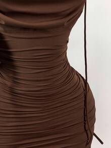 Y2K Amplova 无袖褶皱迷你裙，带挂脖领口和大露背交叉带设计，女式迷你连衣裙 - 紫紅色 - 查看 7