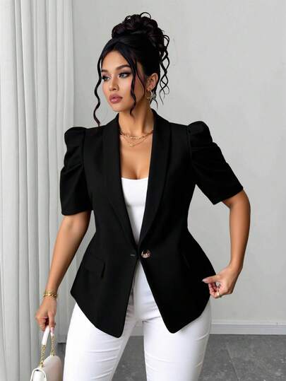 Elenzga 大码纯色褶皱泡泡袖树脂纽扣肩西装外套