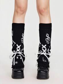 ROMWE Grunge Punk 1 Pair Women's Music Note Symbol Wide Leg Warmers, Suitable For All Seasons - Black - View 3