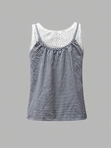 2025 Women's Fashion Plaid Print Hollow Embroidery Fashionable Top - Black and White - View 2