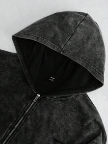 STYNVO Manfinity Streetrush 男式纯色简约休闲连帽长袖运动衫，酸洗黑色拉链连帽衫，秋季 - 黑色 - 查看 5