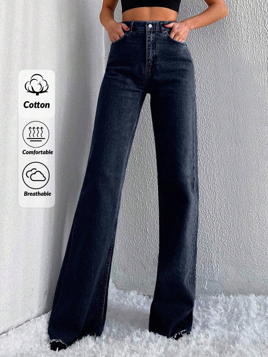 SHEIN Tall 100%Cotton High Waist Raw Hem Wide Leg Jeans TALL - Dark Wash - View 1