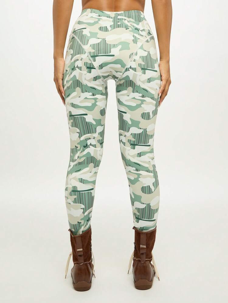 SUMWON WOMEN Leggings com Estampa de Camuflagem e Listras, Calça Elástica de Cintura Alta para Estilo Casual do Dia a Dia
