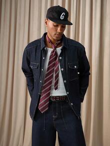 Manfinity Homme 男士长袖休闲商务水洗牛仔衬衫，春秋季送给男友和老公 - 深色水洗藍 - 查看 4