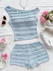 Soleia 女士度假春夏两件套：红白条纹针织不对称肩部短款上衣和超低腰紧身短裤，适合派对、圣诞节、情人节、约会、海滩、游轮、狂欢节、复活节 - 藍色 - 查看 5