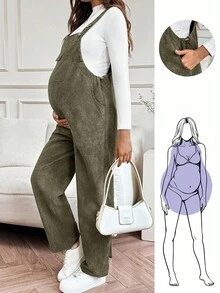 SHEIN Schwangerschafts-Damen Einfarbig Tasche Lässige Weite Bein Latzhose Herbst Damen Kleidung Schwangerschafts-Latzhose Damen Latzhose Große Größen Latzhose Cord Latzhose Olivgrün Latzhose Herbst Damen Latzhose - Armeegrün - Übersicht 8