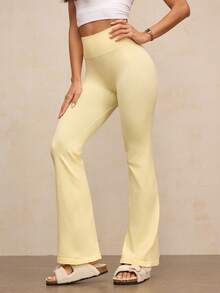 Activina 简约休闲纯色高腰弹力紧身运动裤 - 黃色 - 查看 4