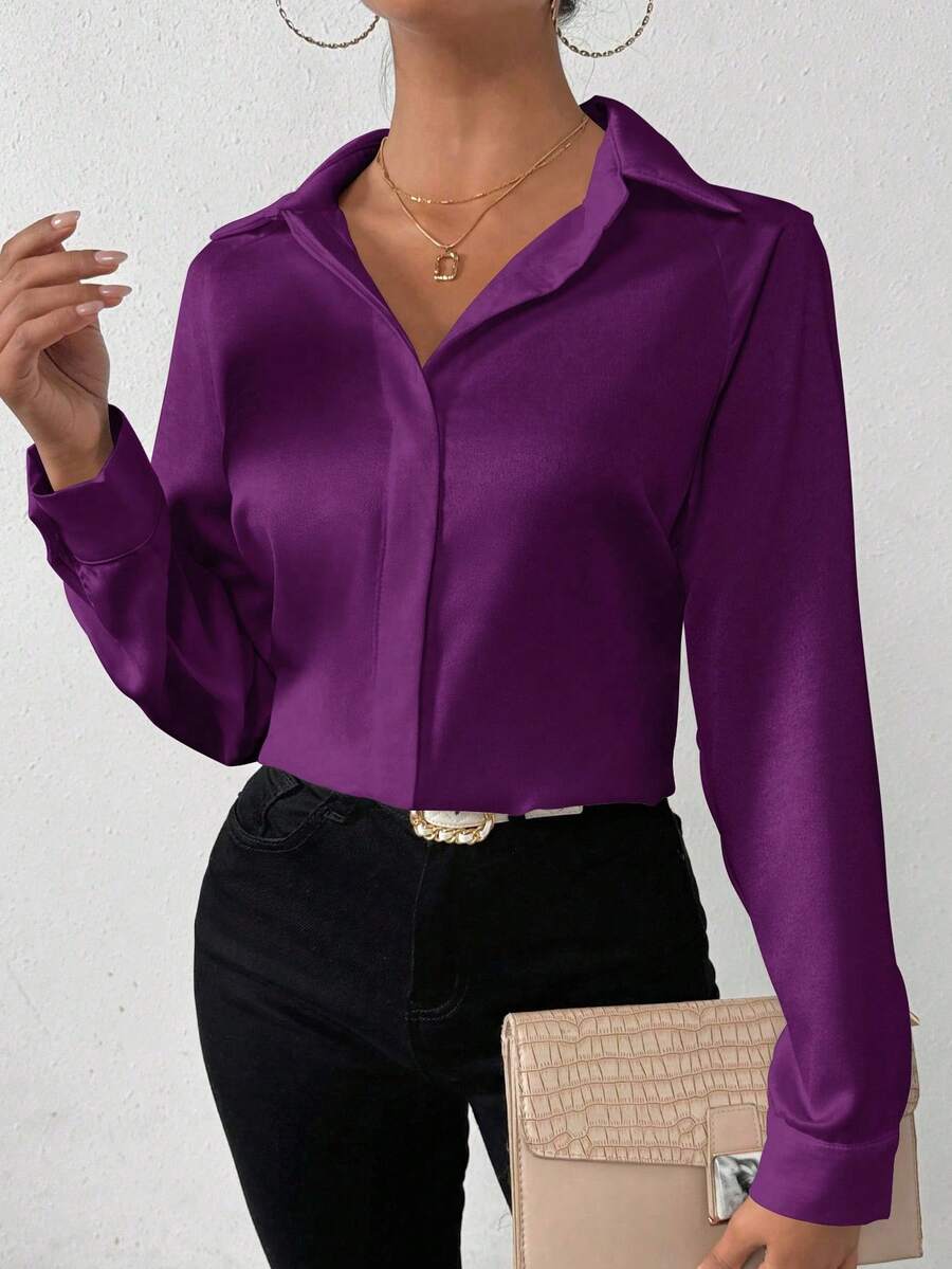 SHEIN PETITE 女士纯色缎面休闲宽松长袖衬衫,春秋季 - 紫色 - 查看 1
