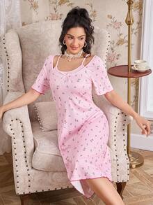 CottageSlumber Women's Romantic Cute Pink Ditsy Floral 2 In 1 Short Sleeve Soft & Comfortable Nightgown - Pink - View 5