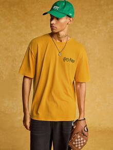 HARRY POTTER X SHEIN Men's Casual Loose Fit Animal Badge & Letter Print Drop Shoulder Short Sleeve T-Shirt, Summer