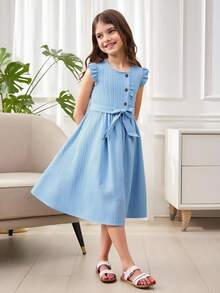 Tween Girl Ruffle Trim Button Front Belted Dress - Blue - View 9
