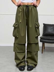 SHEIN Loose Casual Comfortable Mid-Waist Cargo Pocket Straight Leg Pants For Teen Girls Fall Winter - Army Green - View 1