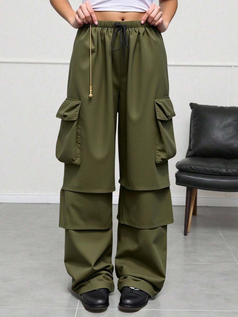 SHEIN Loose Casual Comfortable Mid-Waist Cargo Pocket Straight Leg Pants For Teen Girls Fall Winter - Army Green - View 1