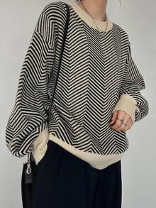 FRIFUL 女式休闲宽松拼色圆领落肩长袖毛衣，百搭秋季外套 - 杏色 - 查看 4