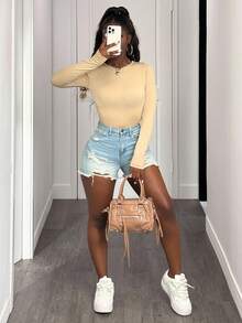 Slaydiva Mono de manga larga sin espalda de unicolor, de estilo minimalista para el verano - Albaricoque - Ver 5