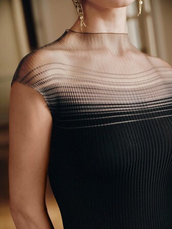 Anewsta Robe d'été ajustée transparente avec col entonnoir, manches bouffantes et dégradé de couleurs