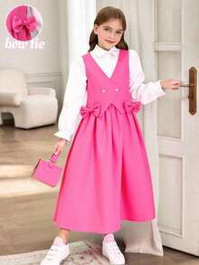 Tween Girls Spring/Autumn Back To School New Woven Fabric White Collar Long Sleeve Shirt Set With Fuchsia Bow Vest And Solid Fuchsia Skirt, 2pcs Outfit Suitable For Girls Back To School, Casual, Daily Wear, Vacation, Photo Shoot Fall Winter - Multicolor - View 5