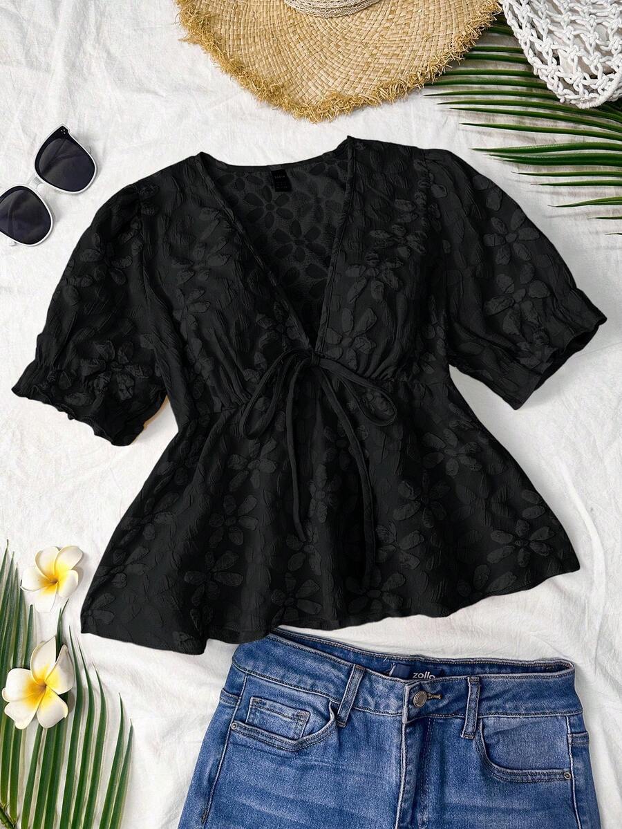 Trelyra 女士时尚别致提花短袖V领上衣，2025夏季新款短袖衬衫 - 黑色 - 查看 1