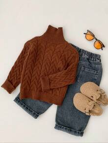 SHEIN Young Boys' Brown Heathered Knit Pullover Sweater, Casual Comfortable Thick Warm High Neck, Versatile For Back To School, Autumn/Winter Fall