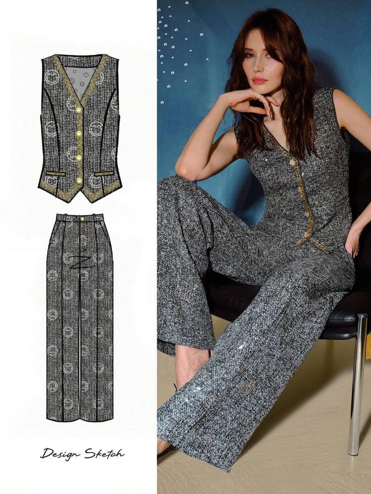 S.W.Smiley x MOTF TWEED CHAIN TRIM CONTRAST SEQUIN DETAIL BUTTON PLACKET VEST OVERCOAT