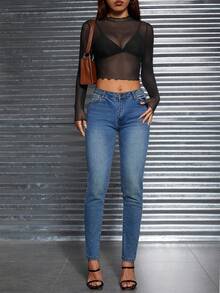 SHEIN PETITE Women's Sheer Mesh Long Sleeve Top - Black - View 2