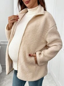 SHEIN Pregnant Women Khaki Plush Solid Color Zipper Jacket Warm Three-In-One Jacket, Autumn And Winter Jacket Pregnant Women Three-In-One Jacket Winter Maternity Coat Maternity Jacket Baby Carrier Jacket Women Fleece Jacket 3-In-1 Jacket  Women's Winter Jacket