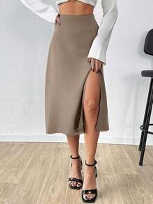 SHEIN Cottnline Women Solid Color Midi Skirt With Slit - Beige - View 4