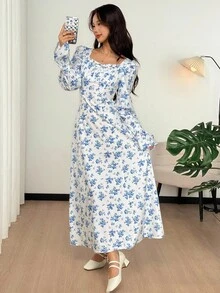 SHEIN 少女休闲简约舒适碎花后背系带长袖连衣裙 - 彩色 - 查看 5