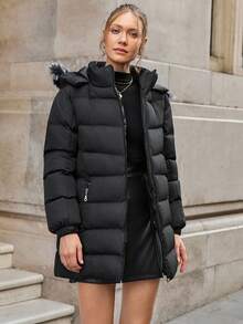 EURMUSE Zip Up Slant Pocket Padded Coat With Fuzzy Trim Fur Hood - Black - View 3