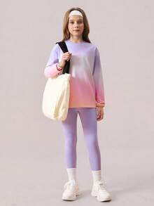 SHEIN Tween Girl 2pcs Set Long Sleeve Purple T-Shirt + Leggings, Casual Baggy Yoga Sports Running Workout Elastic Campus Street Fashion, Autumn School - Multicolor - View 5