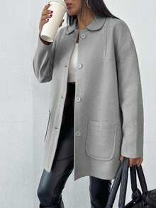 EURMUSE Cotton Knitted Overcoat Drop Shoulder Double Pocket Coat Easy To Style Perfect For Autumn And Winter - Grey - View 6