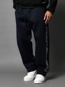 SUMWON Loungewear Essential Wide Leg Sweatpants Side Logo Print Drawstring Waist Soft Winter Cozy Pants Elastic Cuffs Street Style Urban Fashion Plain - Navy Blue - View 3