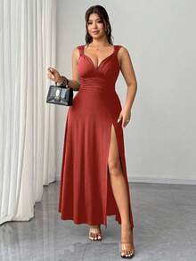 Elenzga 大码女式纯色扭结V领高开衩高弹力针织派对鸡尾酒百搭时尚设计2025新款连衣裙 - 珊瑚橙 - 查看 6