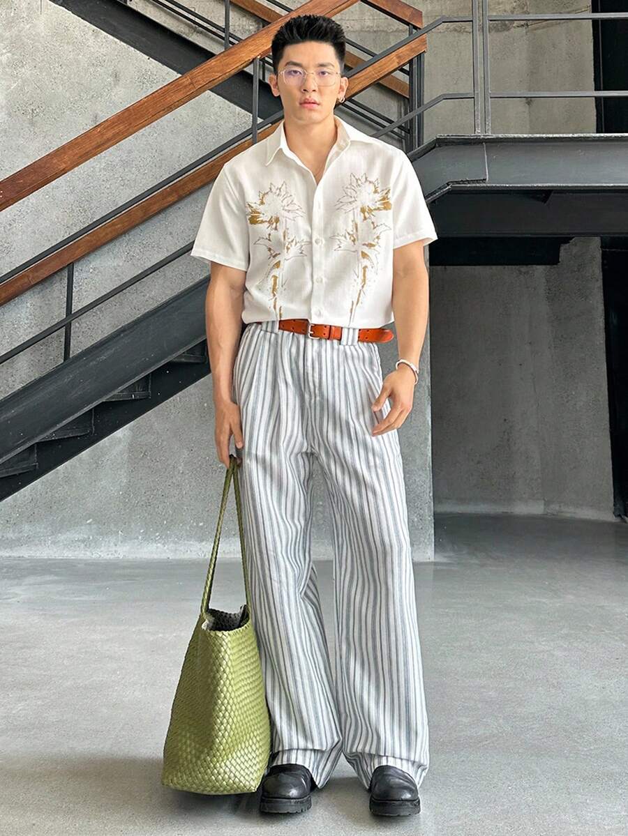 SWAVVY Men's Casual Striped Wide Leg Pants, Suitable For Daily Wear - Navy Blue - View 1