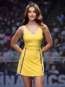 SHEIN Unity Women's Sleeveless Elastic Fitted Dress And Shorts Set Cheerleader Dress - Yellow - View 3