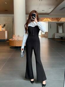 Teen Girls Black & White Patchwork Lapel Fitted Flare Jumpsuit Pants, Elegant Fitted Jumpsuit, Commuting Black & White Contrast Jumpsuit Pants Teen Girl Dress Pants Business Outfit Girls Teen Pants Suit 15 Years Old Girls Pants Suit Fall Winter - Black and White - View 2