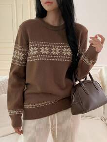 DAZY 女士提花针织圆领毛衣，舒适氛围，适合秋冬季外套圣诞节、新年 - 棕色 - 查看 2