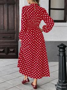 Pariaura 女士优雅波尔卡圆点腰收腰长袖连衣裙 - 紅色 - 查看 2