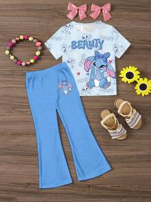 Back To School Girls Toddler Casual Cute Rabbit Digital Print Blue Set, Cartoon Short Sleeve T-Shirt And Flared Pants Outfit, Versatile Suit For New School Year